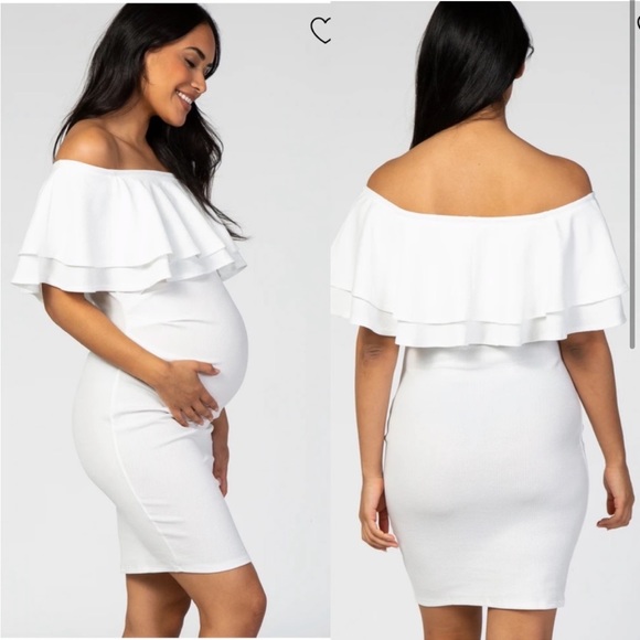 Pinkblush White Waffle Knit Off Shoulder Ruched Maternity Dress - Picture 2 of 12